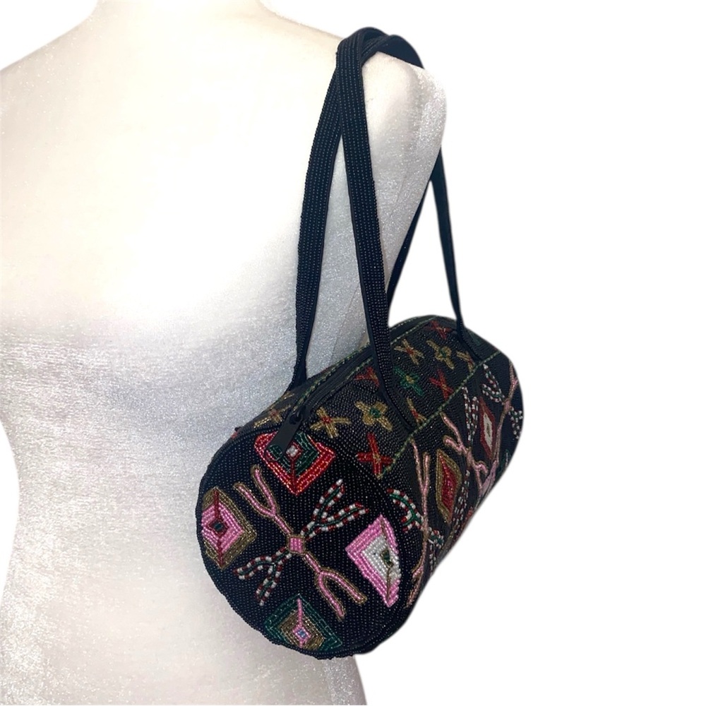 Beaded Black Cylinder Shoulder Bag with Multicolor Floral Embroidery